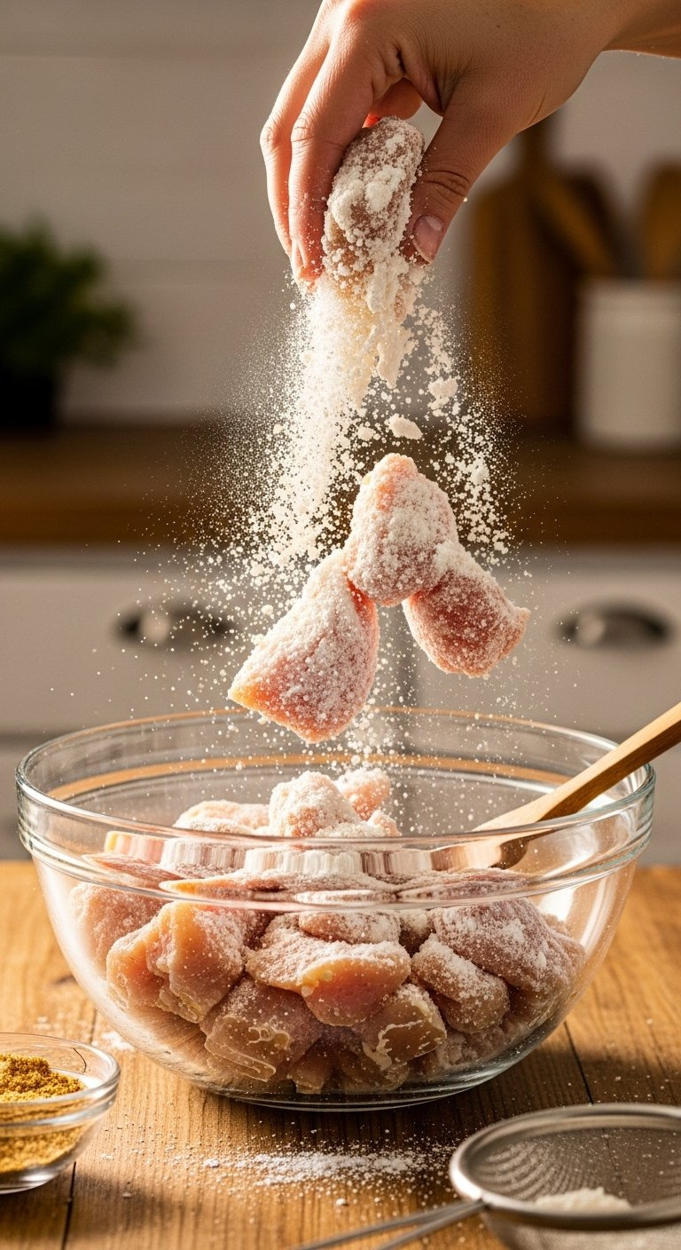 Seasoned Chicken Pieces In A Glass Bowl Being Lightly Dusted With White Cornstarch On A Rustic Wooden Table.