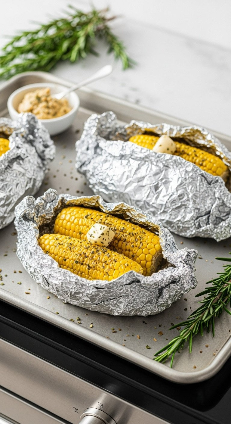 Seasoned Corn On The Cob In Foil Packets On Baking Sheet, With Butter And Rosemary, Ready For Oven, Easy Bulk Cooking.