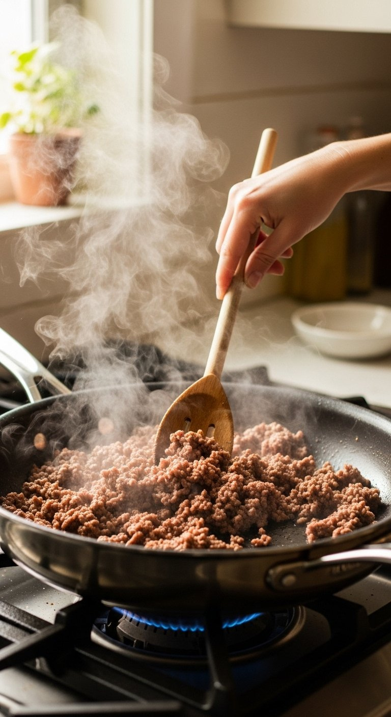Seasoned Ground Beef Browning In A Stainless Steel Skillet With A Wooden Spoon On A Gas Stovetop Under Warm Light.