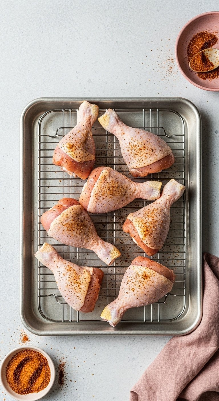 Seasoned Raw Chicken Drumsticks On Wire Rack In Baking Sheet, Elevated For Air Circulation. Dry Rub, Soft Window Light.