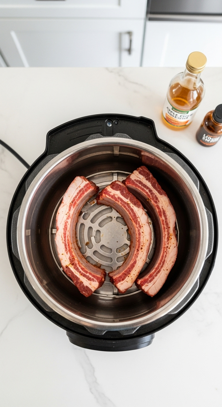 Seasoned Ribs Arranged On A Metal Trivet Inside An Instant Pot With Apple Cider Vinegar And Liquid Smoke