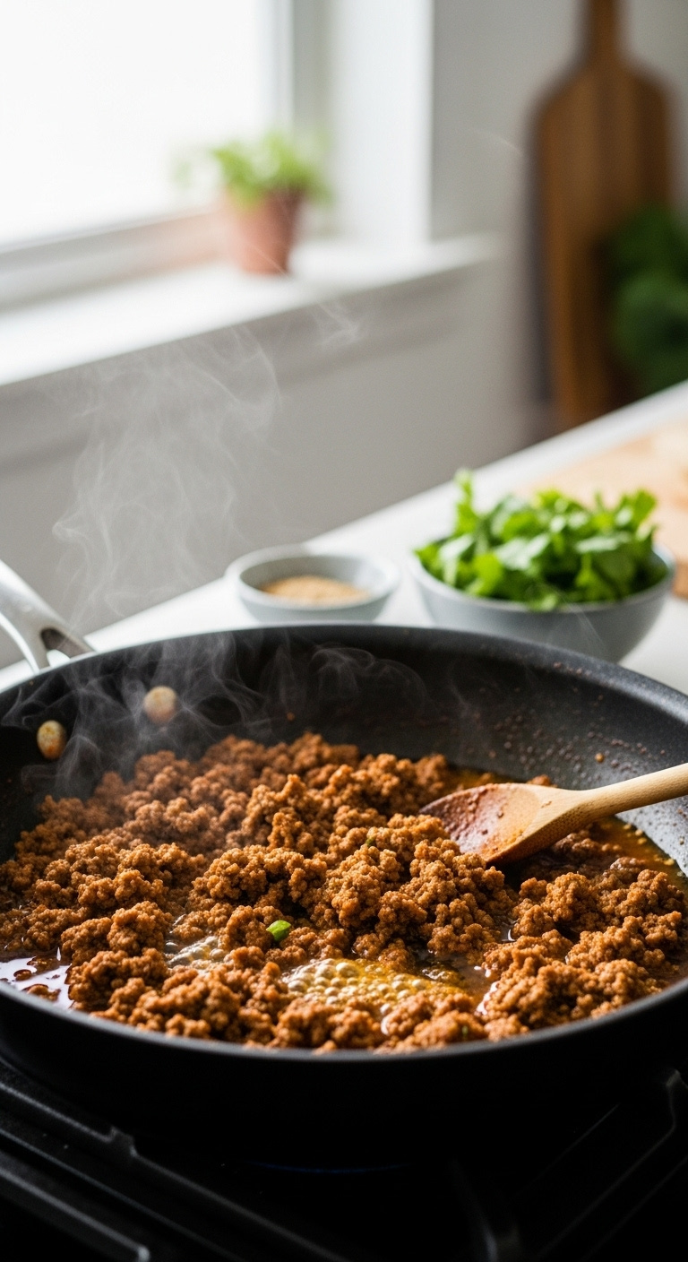 Seasoned Taco Meat Simmering In Dark Nonstick Frying Pan On Stovetop With Wooden Spoon And Fresh Cilantro In Blurred Modern Kitchen