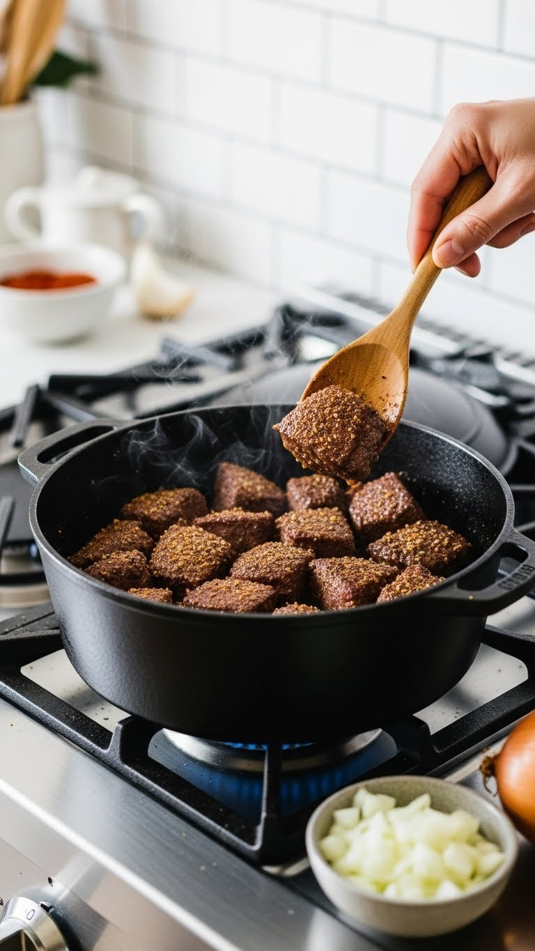Seasoned Venison Stew Cubes Sizzling In Cast-Iron Dutch Oven On Gas Stovetop With Wooden Spoon Nearby
