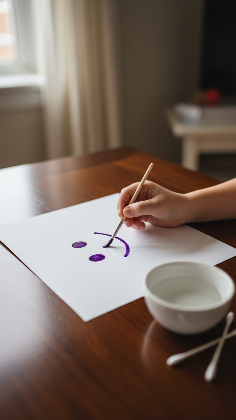 Secret Message Experiment Revealing Smiley Face With Purple Liquid Paintbrush On White Paper Using Invisible Ink Technique.