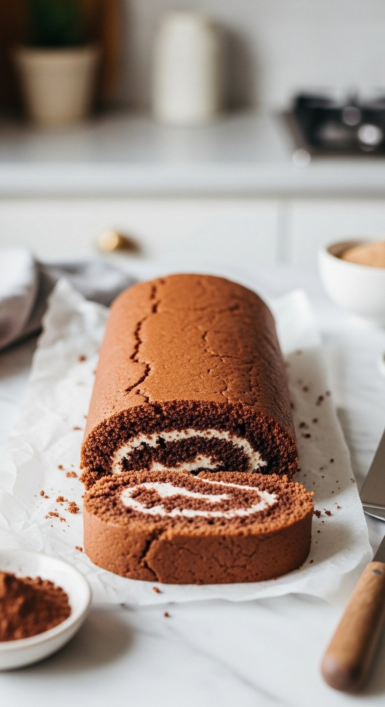 Segment Of Moist, Tender Chocolate Sponge Cake On Parchment Paper, Dusted With Cocoa, On A Marble Counter In A Homey Kitchen.