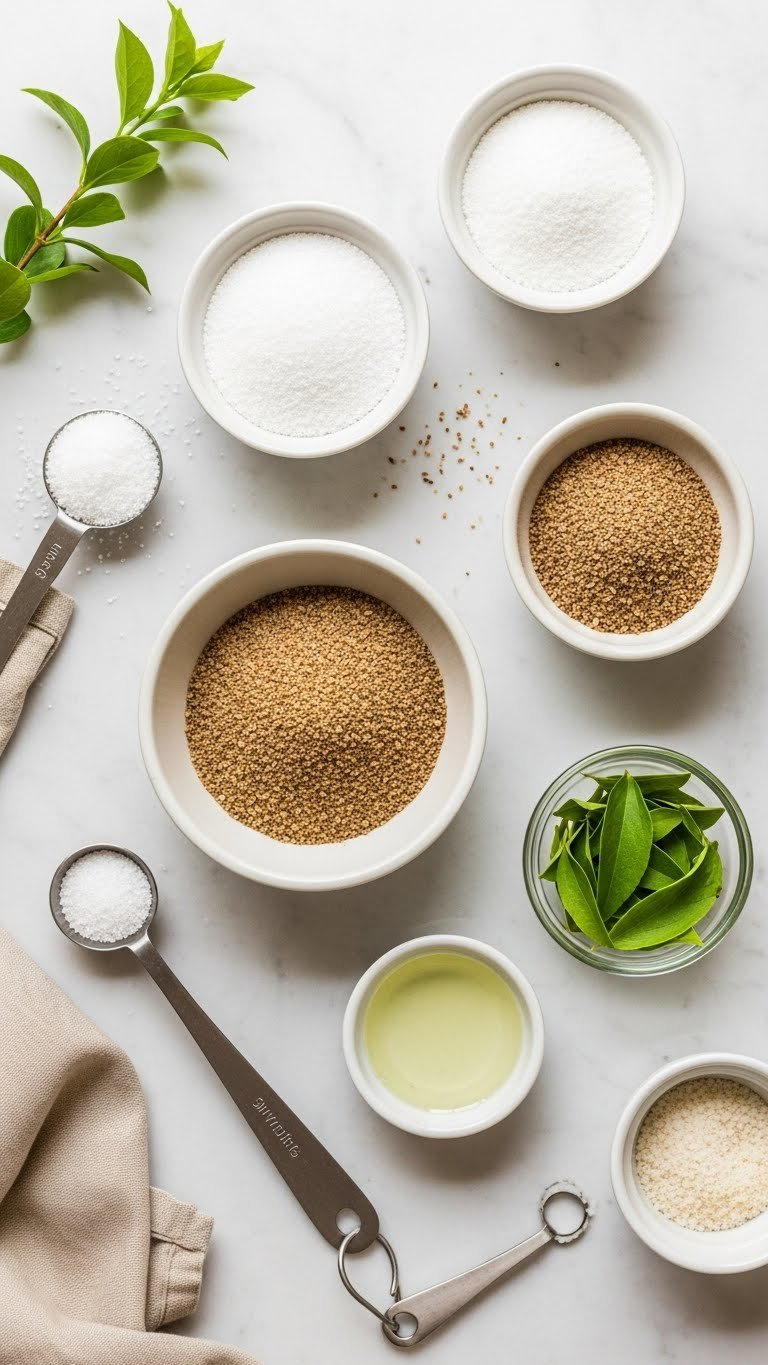 Selection Of Low Calorie Sweeteners Including Erythritol, Monk Fruit, And Stevia Leaves Arranged With Measuring Spoon
