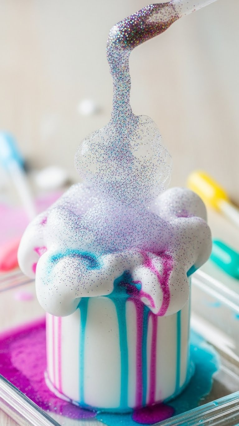 Sensory Baking Soda And Vinegar Fireworks With Glitter Creating Thick Foamy Explosion In Clear Glass Dish With Sparkling Texture