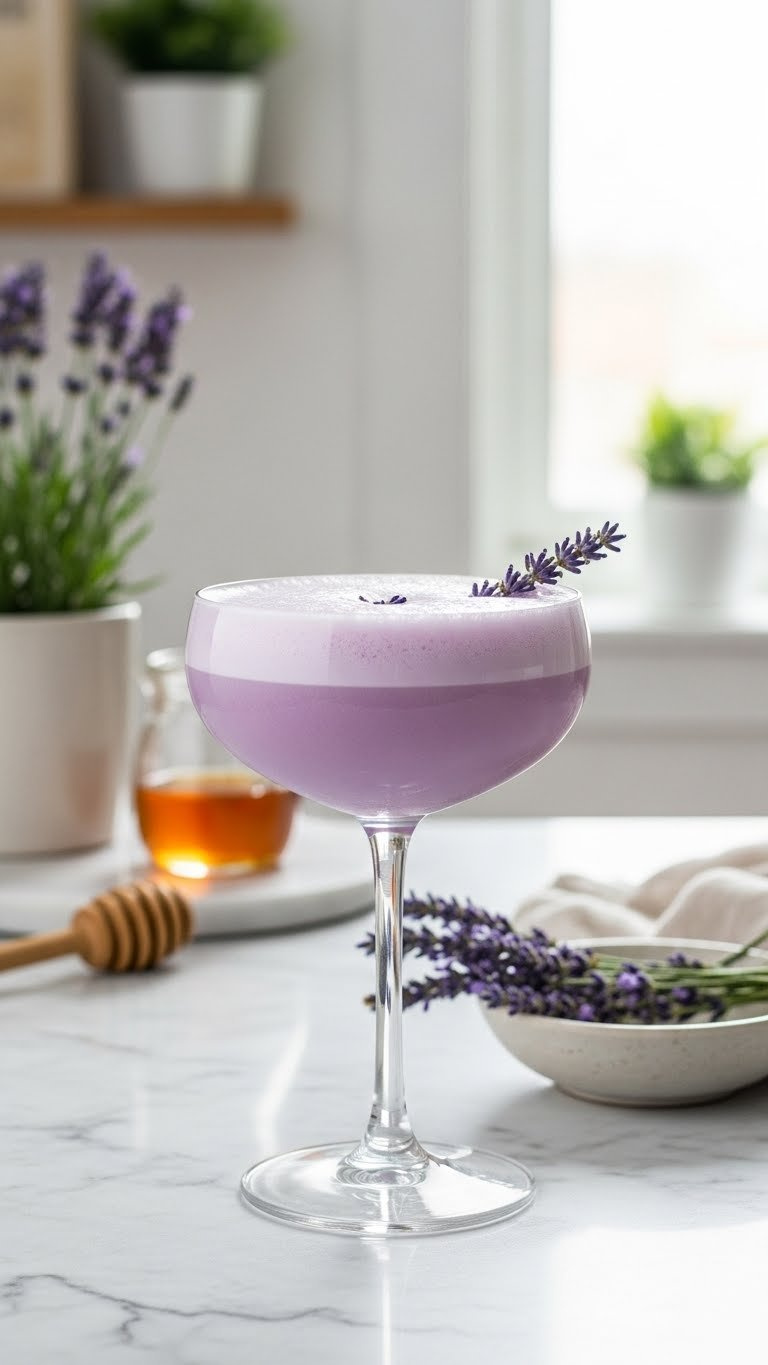 Serene Honey Lavender Dream Mocktail In Coupe Glass With Foamy Top And Fresh Lavender Sprig On Marble Surface