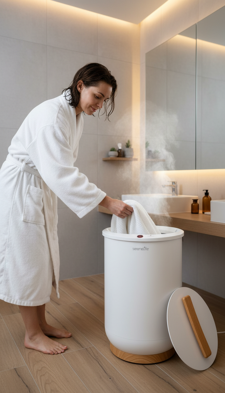 A Photo Showing The Serenelife Bucket Warmer In A Real Bathroom Setting, With A Towel Being Placed Inside Or A Thermometer Checking The Temperature.