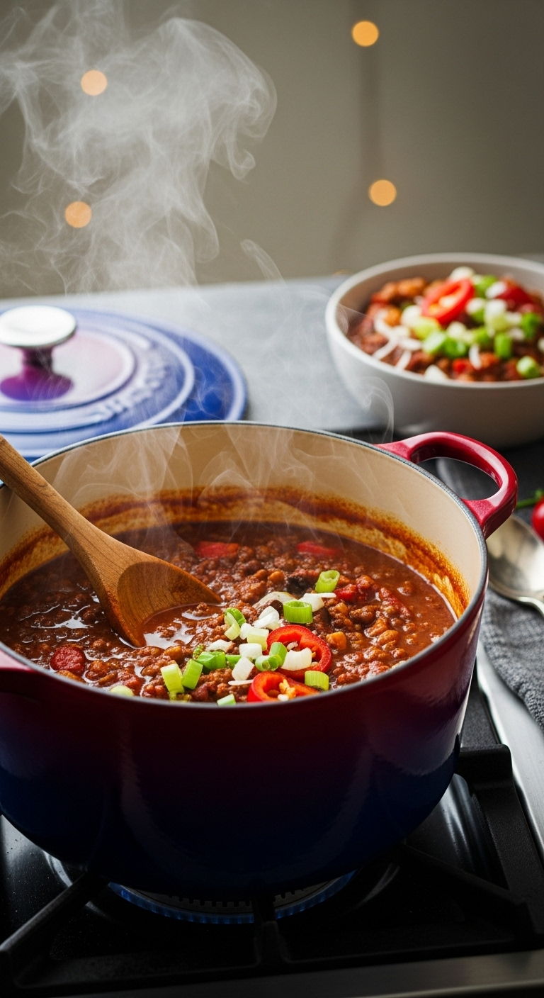 Cozy Close-Up Of A Steaming Dutch Oven Filled With Thick, Hearty Chili, With A Wooden Spoon Resting On The Side And A Topped Bowl Of Chili In The Rustic, Warmly Lit Background.