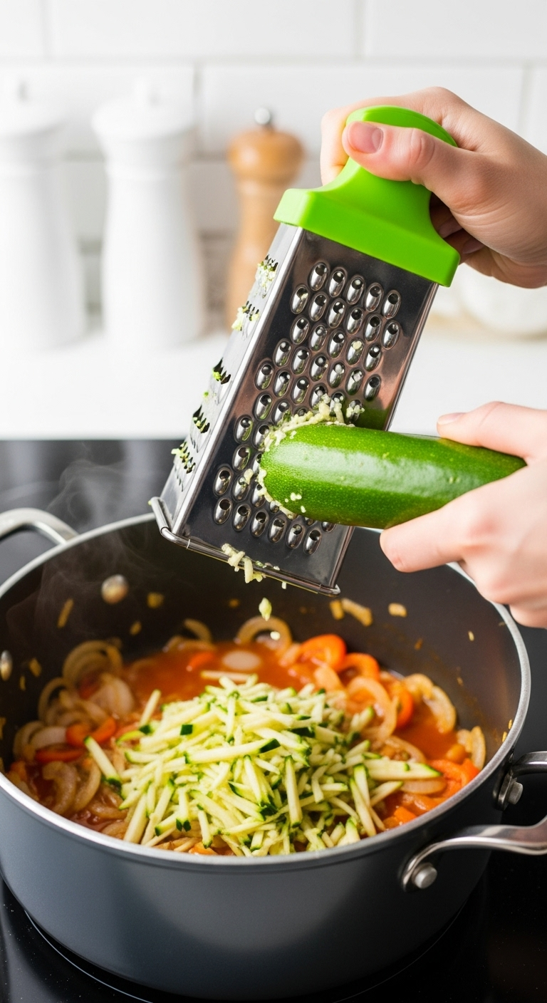 Action Shot Of A Hand Grating Zucchini Into A Pot Of Sautéing Onions And Peppers, Highlighting A Healthy Cooking Tips With Bright Natural Vegetable Colors And Vibrant Lighting.