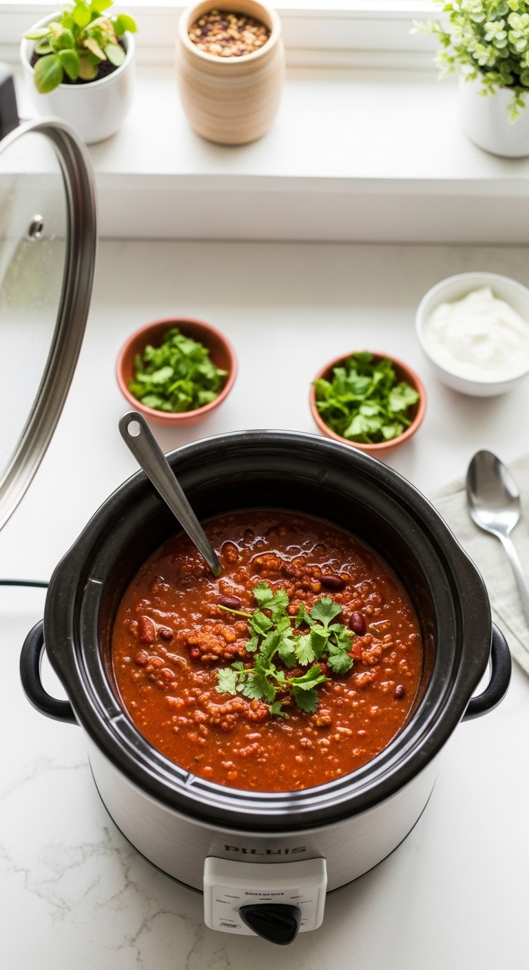 Overhead Shot Of Hearty Red Chili In A White Slow Cooker On A Kitchen Counter, Surrounded By Small Bowls Of Fresh Toppings Like Cilantro And Greek Yogurt In Bright Natural Window Light.