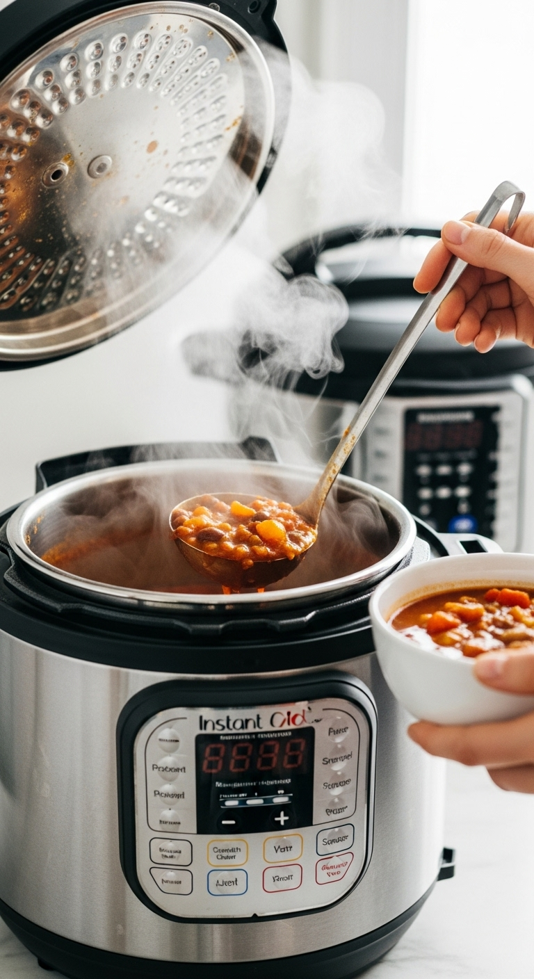 Action Shot Of Steaming Chili Inside An Open Instant Pot, With A Hand Holding A Ladle Ready To Serve, Surrounded By Modern Stainless Steel And Black Tones Under Bright, Clean Lighting.