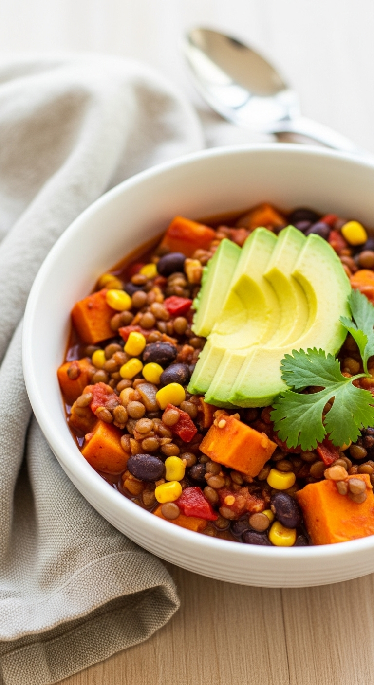 Vibrant Vegetarian Chili In A White Bowl With Lentils, Black Beans, Corn, And Sweet Potatoes, Topped With Avocado And Cilantro, Set On A Light Wood Surface With A Linen Napkin In Bright Natural Light.