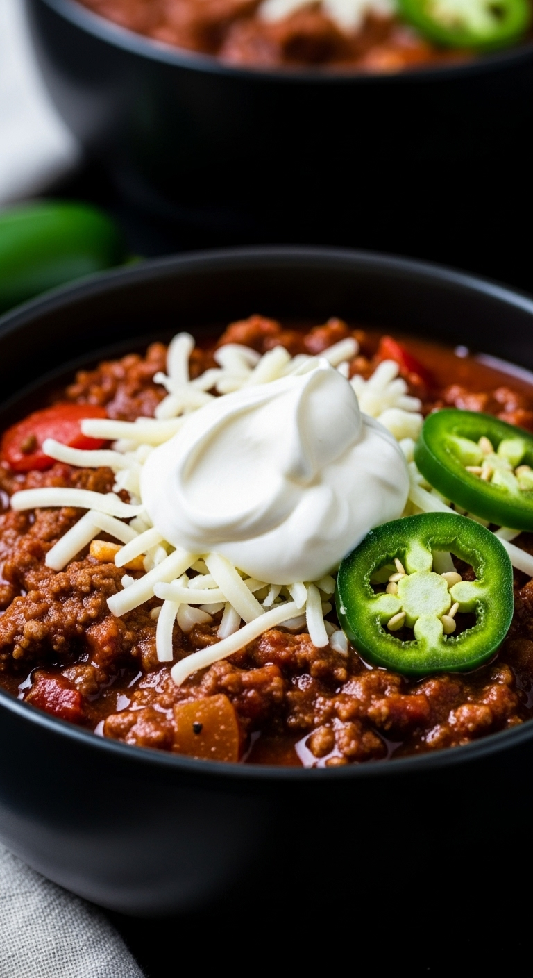 Moody Close-Up Of Thick, Meaty No-Bean Keto Chili In A Dark Ceramic Bowl, Topped With Shredded White Cheddar, Sour Cream, And Sliced Jalapeños, Highlighting Rich Textures And Deep, Satisfying Colors.