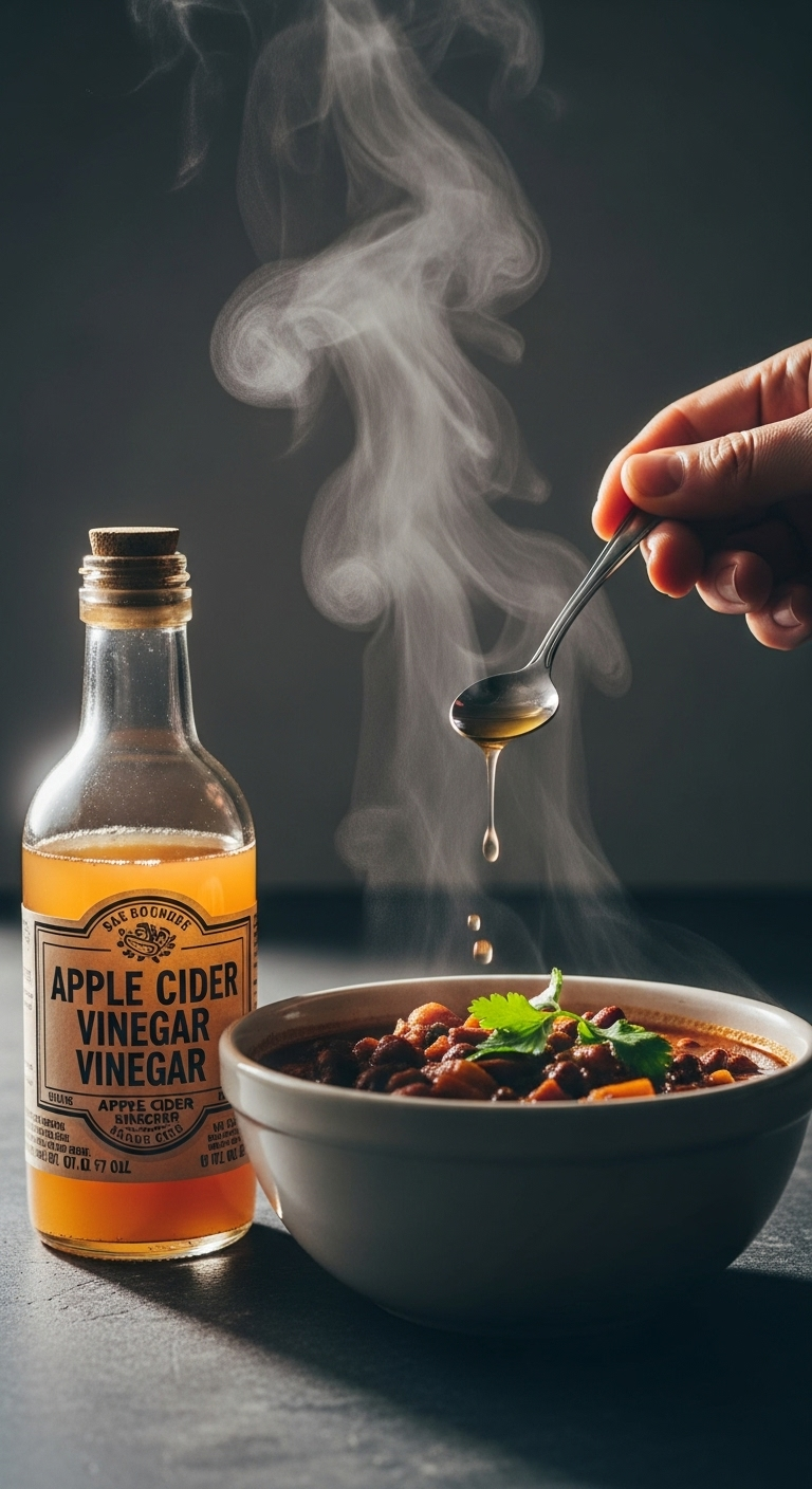 Dramatic Spotlight Image Of A Hand Drizzling Apple Cider Vinegar From A Teaspoon Into A Steaming Bowl Of Chili, With A Rustic Vinegar Bottle Nearby And Moody Focus On The Secret Ingredient Action.