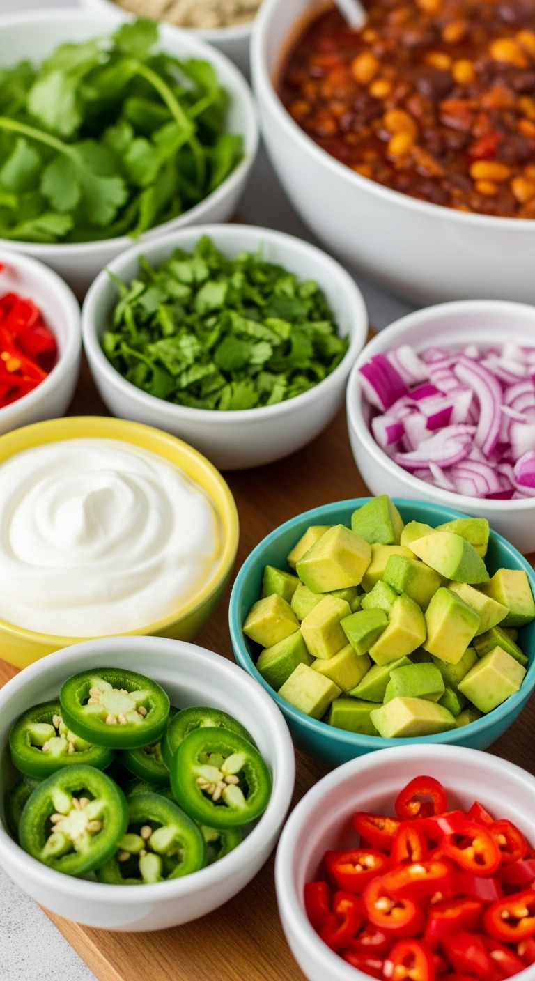 Bright And Colorful Chili Toppings Bar With Small Bowls Of Greek Yogurt, Avocado, Cilantro, Red Onions, And Jalapeños Arranged On A Wooden Board, With A Large Bowl Of Chili In The Background.