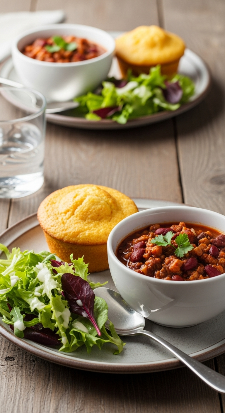 Warm, Inviting Dinner Scene Featuring A Bowl Of Healthy Chili, A Golden-Brown Cornbread Muffin, And A Fresh Green Side Salad On A Rustic Plate, Capturing A Wholesome, Balanced Meal.