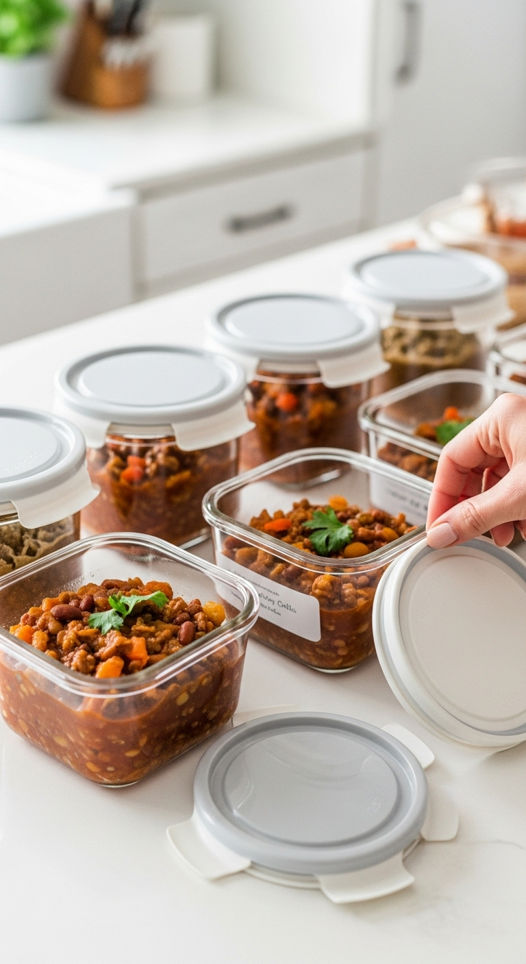 Bright Meal Prep Scene With Glass Containers Of Healthy Chili Neatly Lined Up On A Kitchen Counter, Some Lidded And One Open, As A Hand Places A Label On A Container In Clean, Organized Lighting.