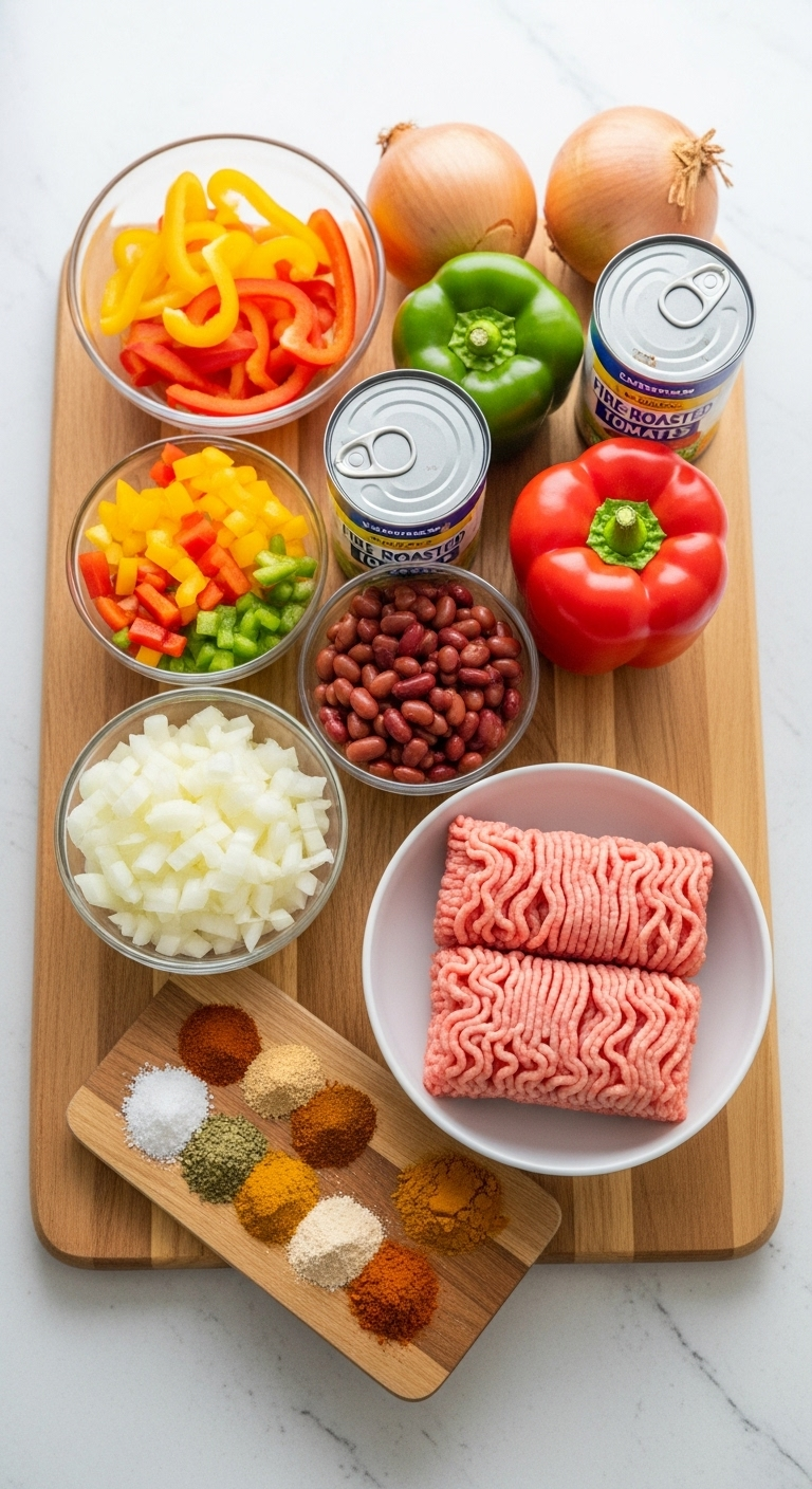 Top-Down Shot Of Fresh Chili Ingredients Including Chopped Onions, Colorful Bell Peppers, Canned Beans, Fire-Roasted Tomatoes, Lean Ground Turkey, And Spices In A Bright, Natural Light Kitchen Setting.