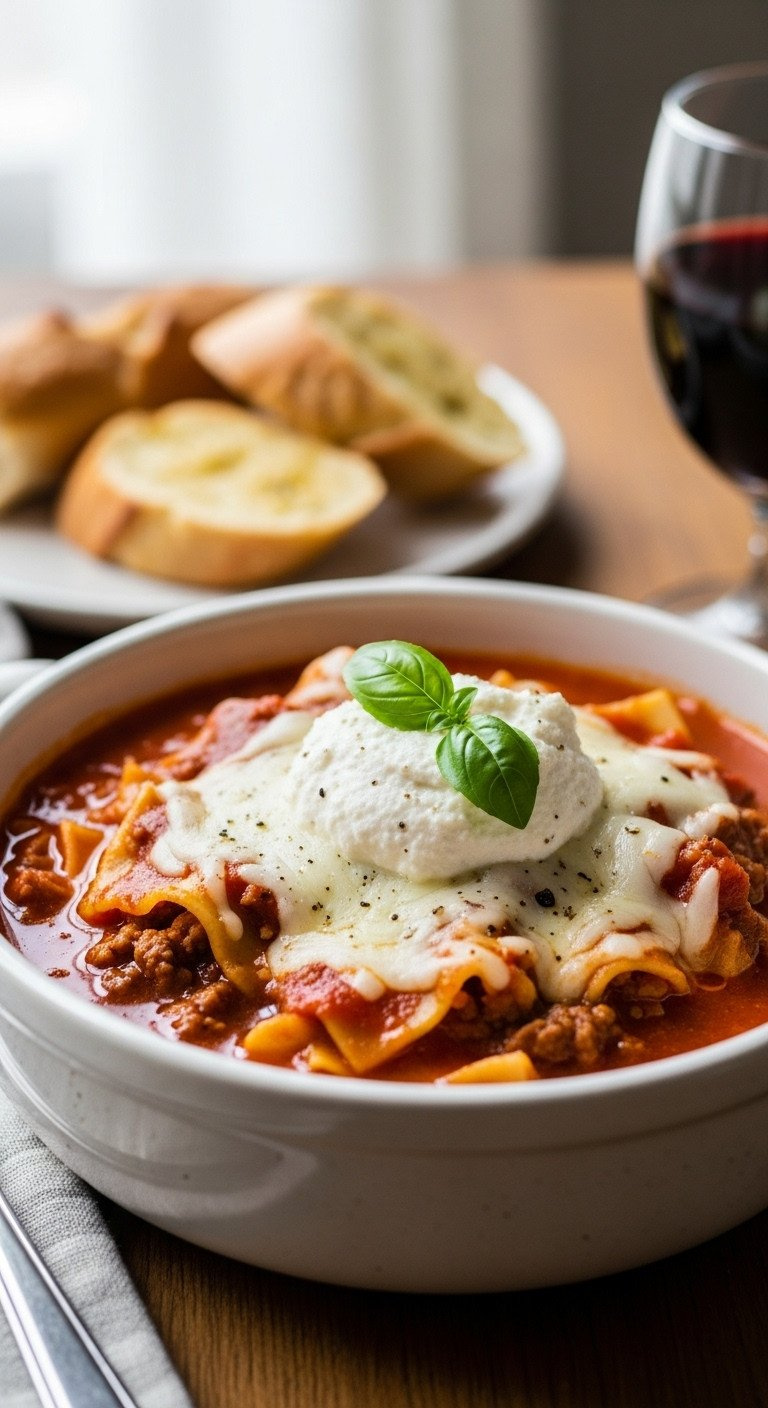 Served Bowl Of Hearty Lasagna Soup With Noodles, Meat, Creamy Ricotta, Mozzarella, And Fresh Basil, A Comforting Meal.