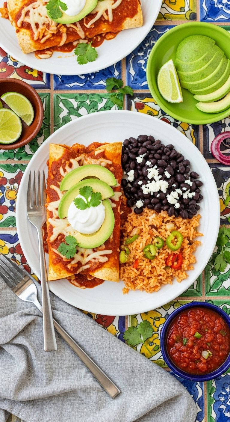 Served Chicken Enchiladas Topped With Sour Cream Avocado And Cilantro Paired With Mexican Rice And Black Beans.
