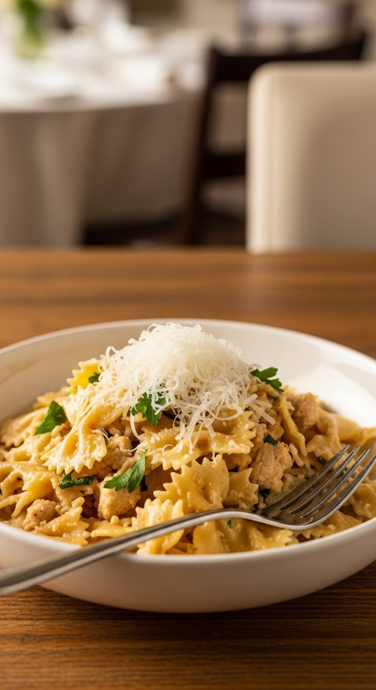 Serving Bowl Of Cowboy Butter Lemon Bowtie Chicken Garnished With Fresh Parsley And Grated Parmesan Cheese.