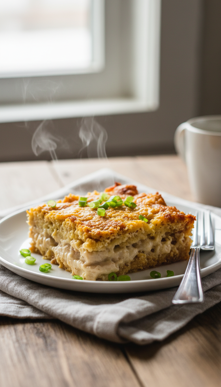 Serving Of Chicken Bake With Crunchy Topping And Fresh Green Onions On A White Plate.