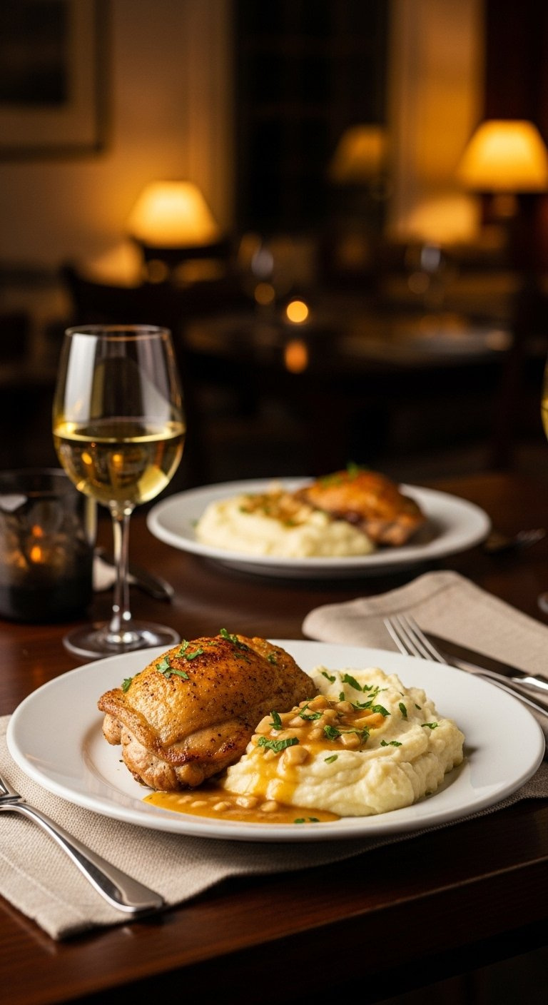 Serving Of Golden Garlic Herb Chicken With Creamy Mashed Potatoes And Pan Sauce On A White Plate.