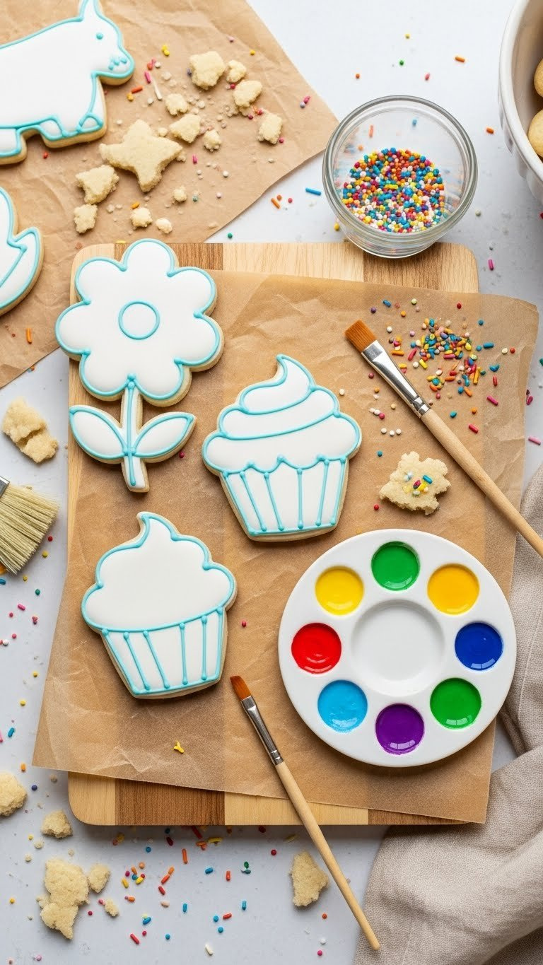 Set Of Paint Your Own Cookies With White Frosting And Edible Paint Palette On Wooden Board.