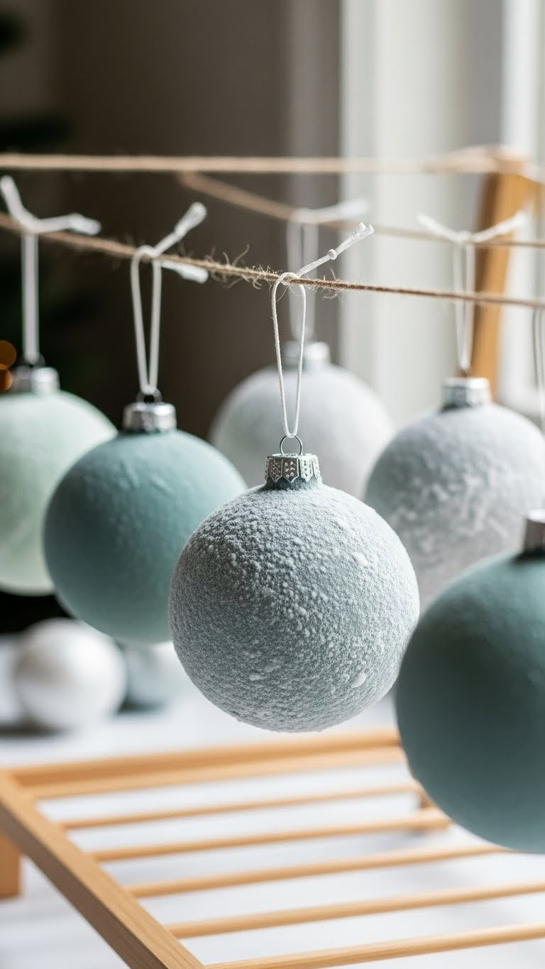Several Diy Flocked Ornaments Hanging From Wooden Drying Rack Showing Velvet-Like Texture In Soft Natural Light