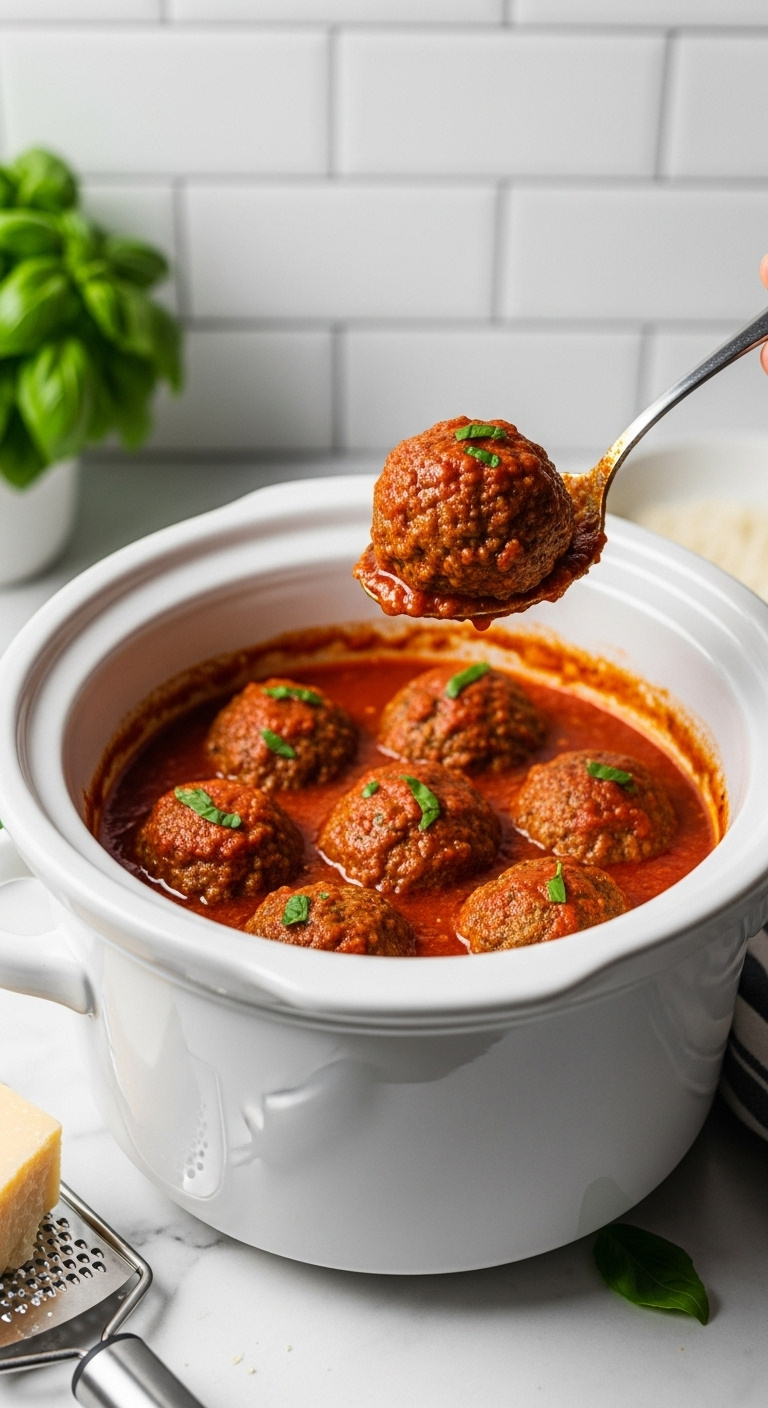 Several Large Perfectly Cooked Slow Cooker Meatballs Simmering In Vibrant Rich Red Marinara Sauce In A White Ceramic Pot