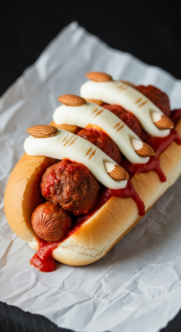 Severed Finger Meatball Subs With Mozzarella Fingers Almond Fingernails And Red Sauce