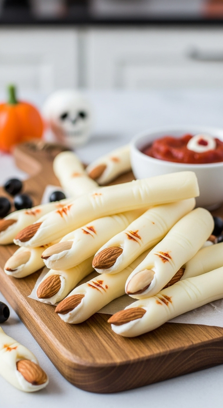 Severed-Finger Cheese Sticks With Almond Fingernails And Knuckle Lines On A Rustic Wooden Board With Marinara Dip For Halloween