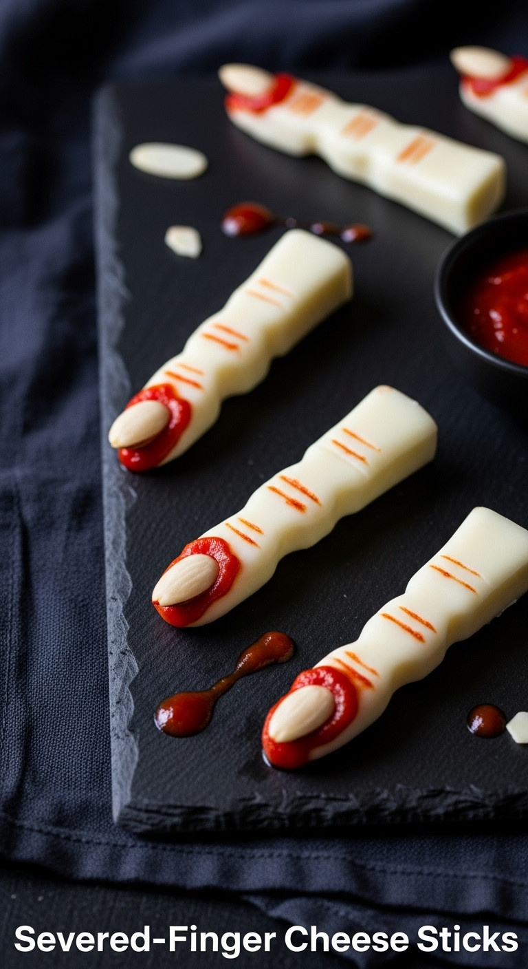 Severed Finger Cheese Sticks With Almond Fingernails And Red Sauce On A Black Slate Tray