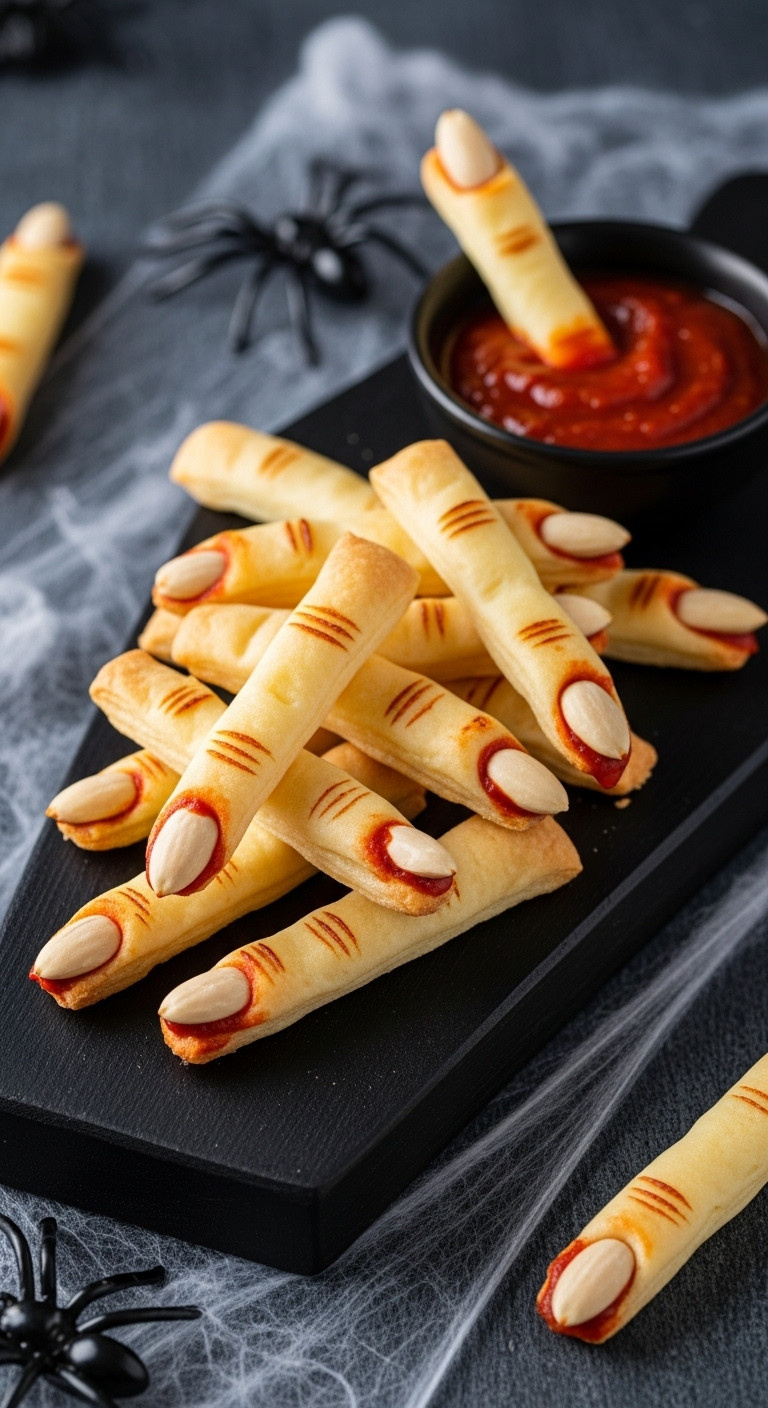 Severed Finger Cheese Sticks With Almond Fingernails And Red Tips On A Coffin Shaped Serving Board