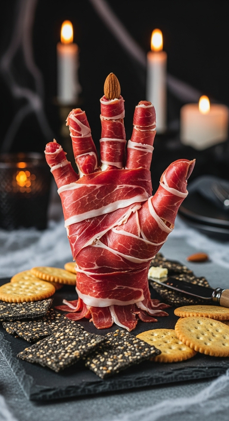 Severed Hand Cheese Ball Covered In Prosciutto With An Almond Fingernail On A Dark Slate Board Surrounded By Crackers