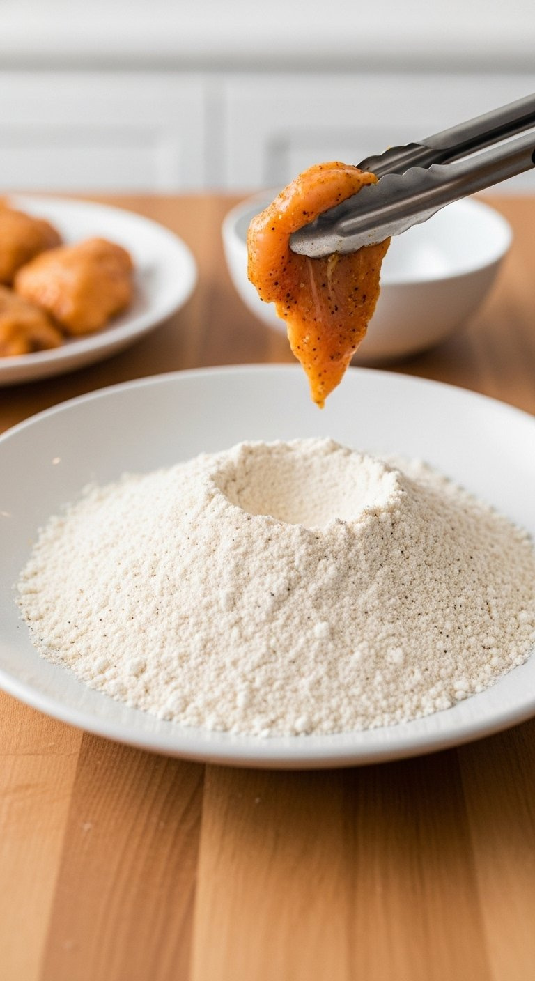 Shallow Dish Filled With Seasoned Flour Mixture Next To Marinated Chicken Held By Tongs.