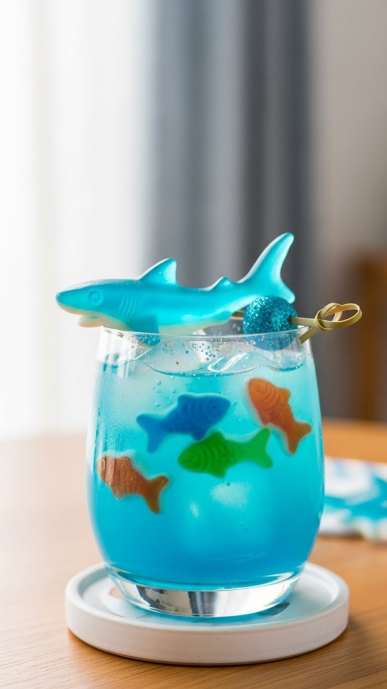 Shark-Themed Mocktail With Blue Gummy Shark Perched On Rim And Colorful Candy Fish Floating Among Ice Cubes