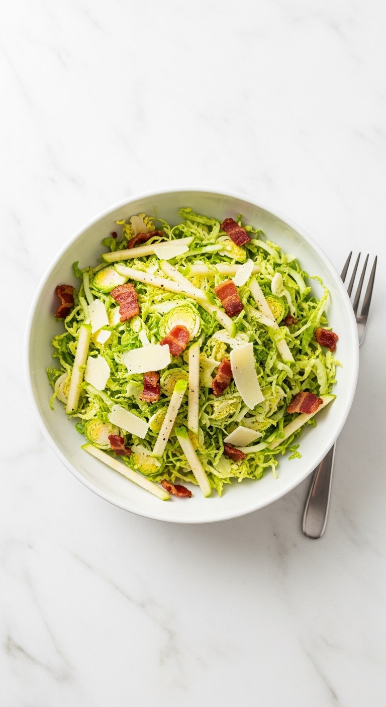 Shaved Brussels Sprout Salad: Bright Green Sprouts, Crisp Bacon, Green Apple, Parmesan In White Bowl On Marble Counter.