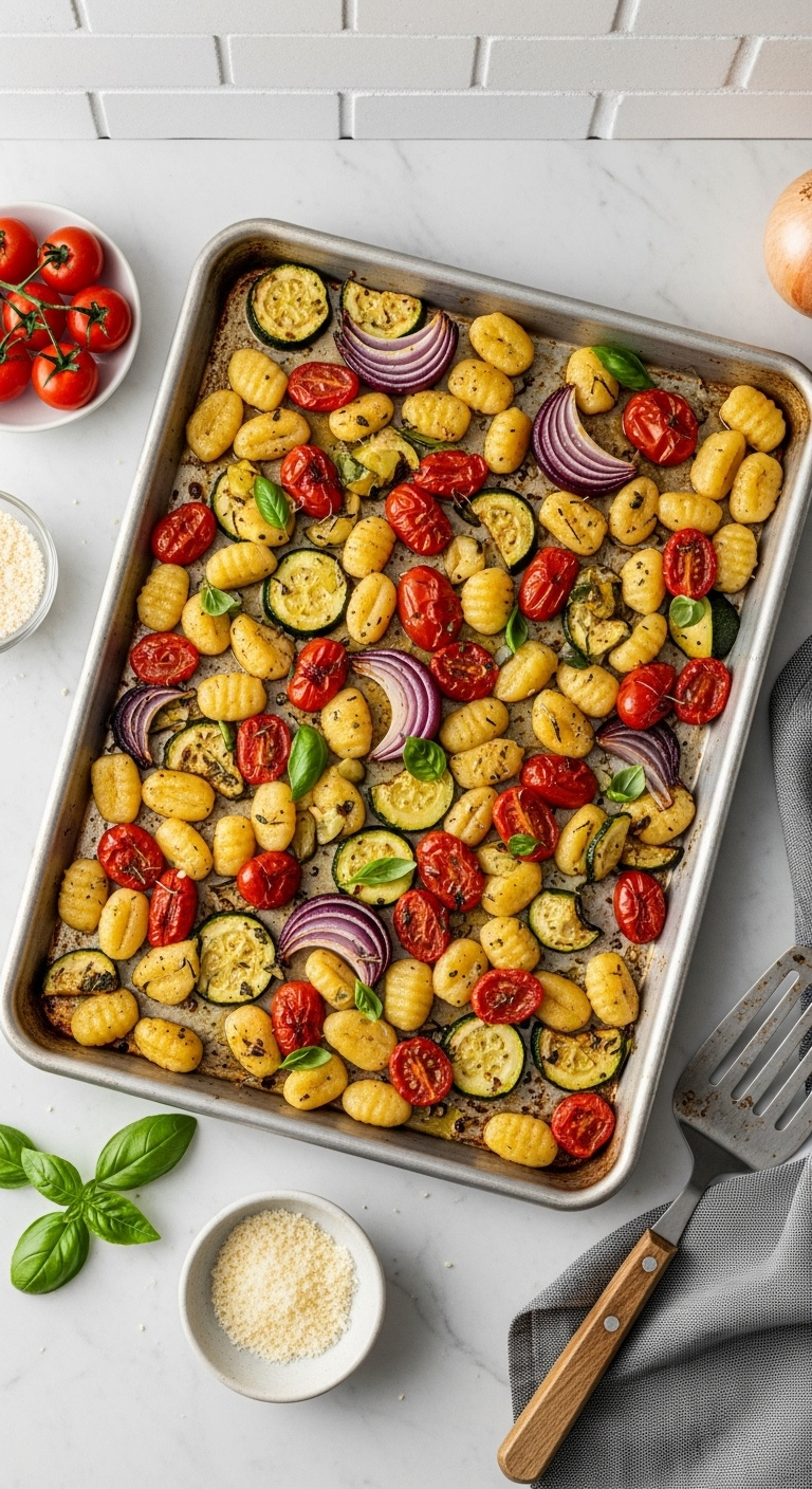 Sheet Pan Gnocchi With Roasted Vegetables Cherry Tomatoes Zucchini And Red Onion On A Metal Baking Sheet With Basil And Parmesan