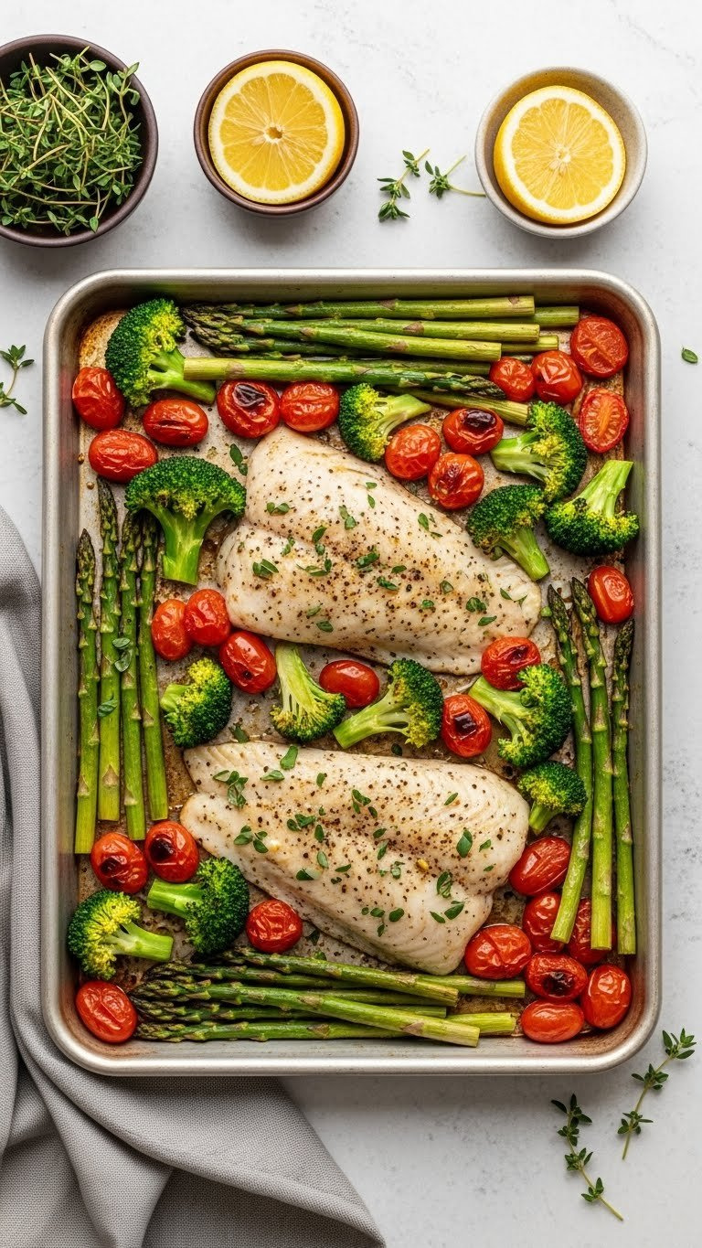 Sheet Pan Baked Tilapia With Roasted Vegetables Including Broccoli, Cherry Tomatoes, And Asparagus On A Single Pan