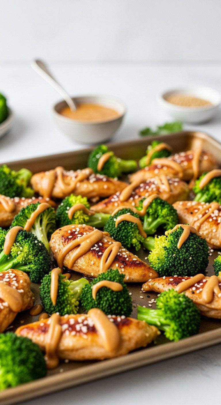 Sheet Pan Chicken Tenders And Broccoli Florets Topped With Savory Peanut Sauce And Sesame Seeds.