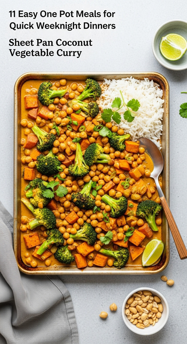 Sheet Pan Coconut Vegetable Curry With Broccoli Chickpeas Sweet Potato And Rice On A Light Grey Surface