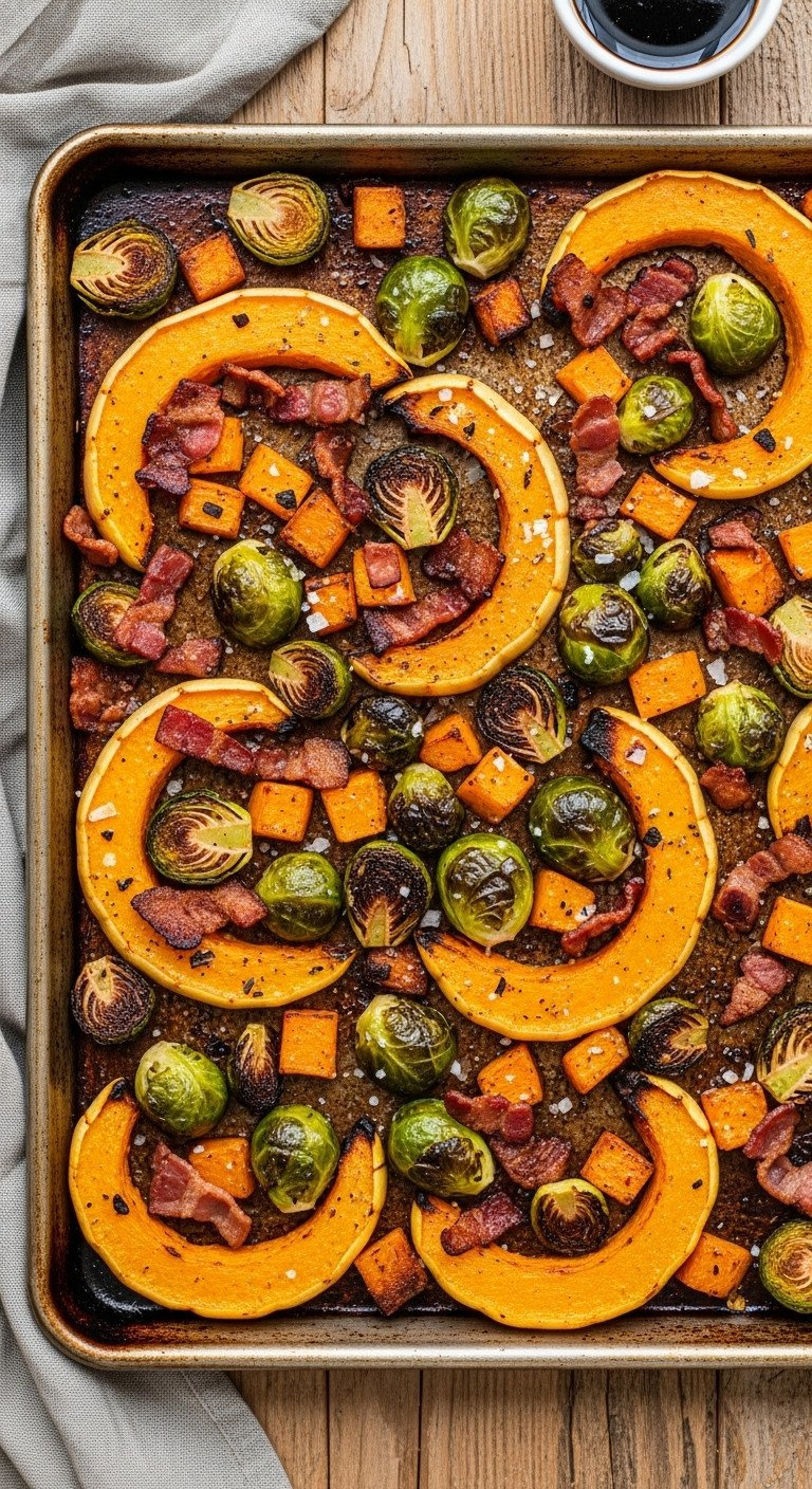 Sheet Pan Dinner With Roasted Butternut Squash, Brussels Sprouts, And Crispy Bacon. Easy, Healthy Fall Recipe With Balsamic.