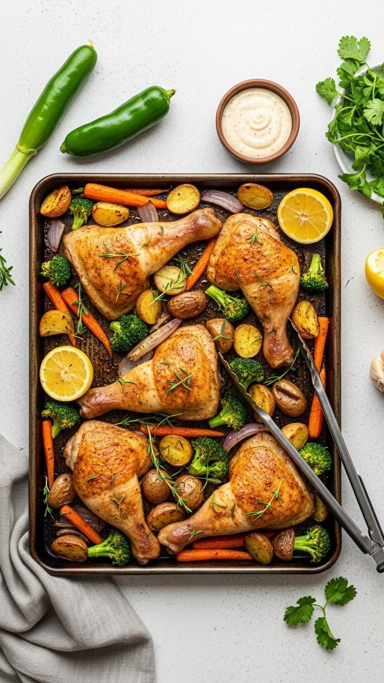 Sheet Pan Dinner With Roasted Chicken Legs And Colorful Vegetables Including Potatoes, Carrots And Broccoli