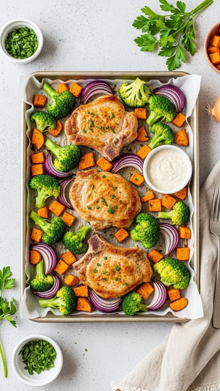 Sheet Pan Dinner With Three Baked Pork Chops And Colorful Roasted Vegetables Including Broccoli And Sweet Potatoes