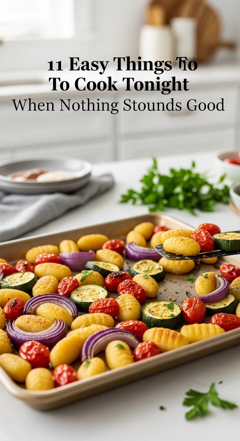 Sheet Pan Gnocchi With Roasted Cherry Tomatoes, Zucchini, And Red Onion, With Spatula And Parsley