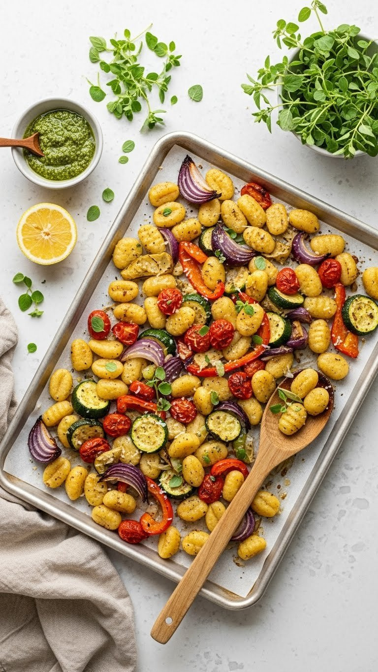 Sheet Pan Gnocchi With Roasted Vegetables And Parmesan On Parchment-Lined Baking Sheet