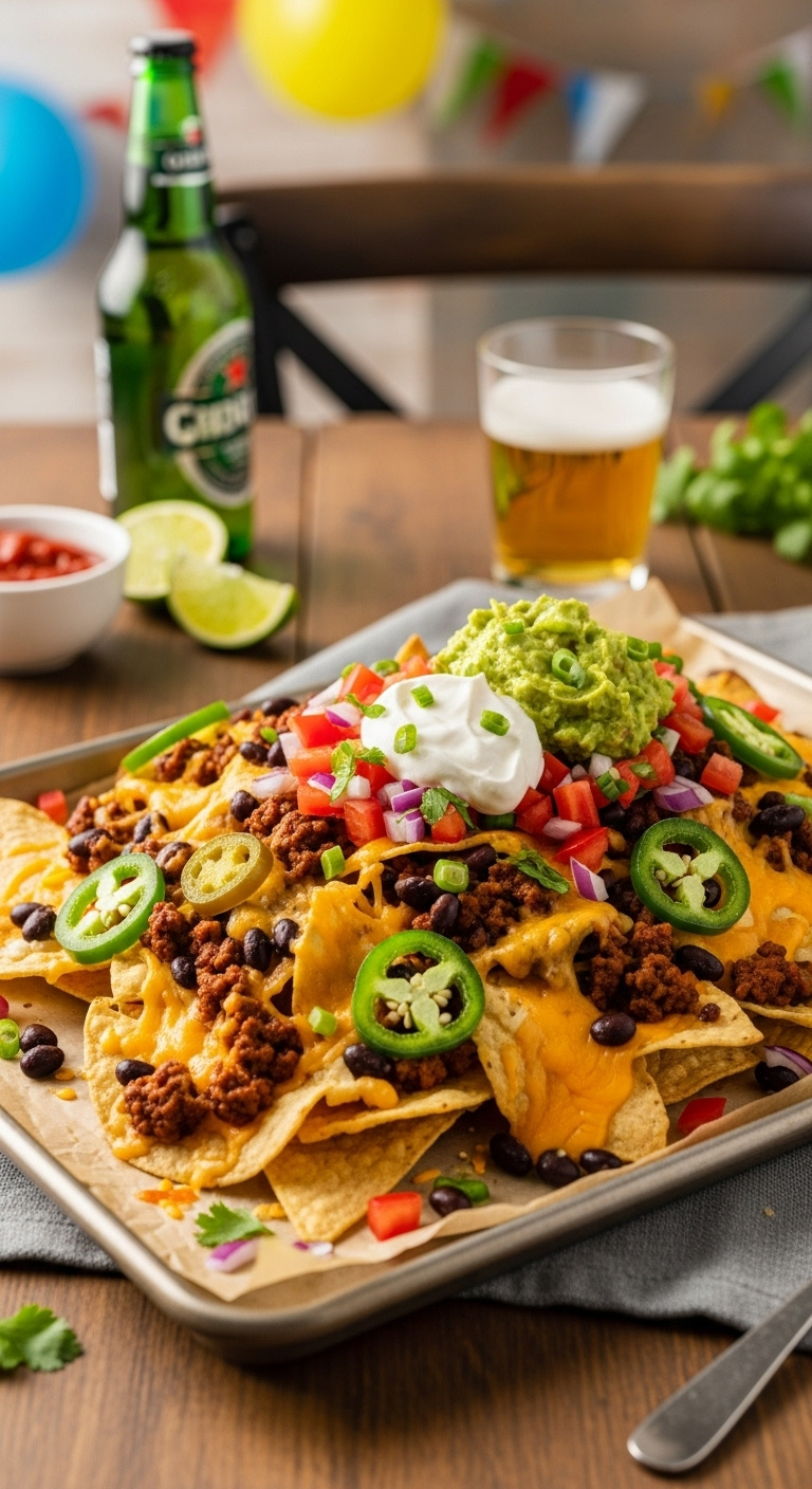 Sheet Pan Of Blue Ribbon Beef Nachos With Melted Cheddar Cheese Ground Beef Black Beans Jalapeños Pico De Gallo Sour Cream And Guacamole